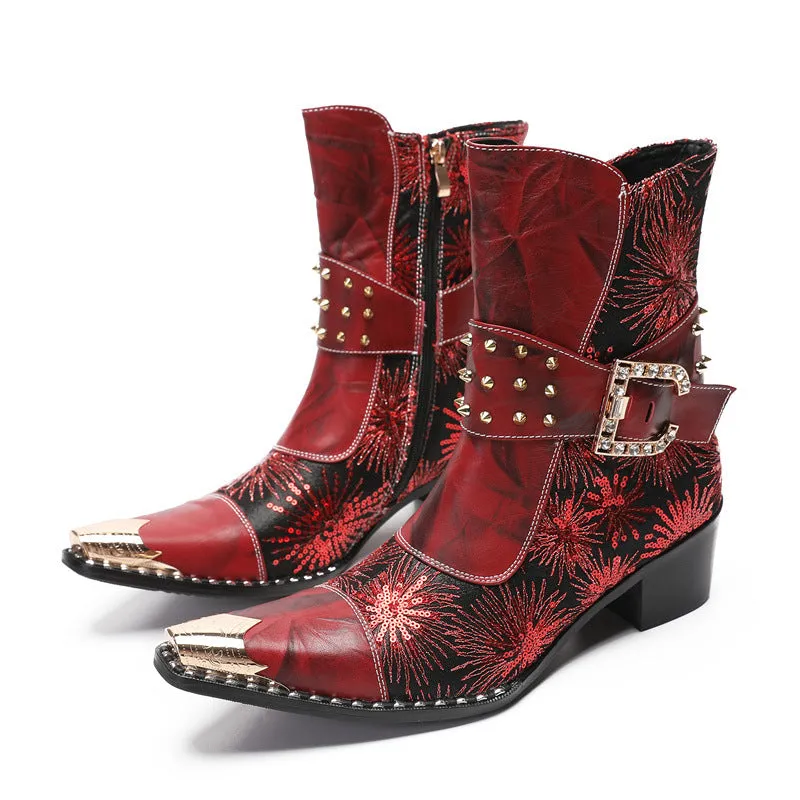 2023 New Rivet Cowboy Boots Pointed Toe Thick Heels Metal Rivets Embroidered Brand Martin Boots Chelsea Boots Trendy Boots