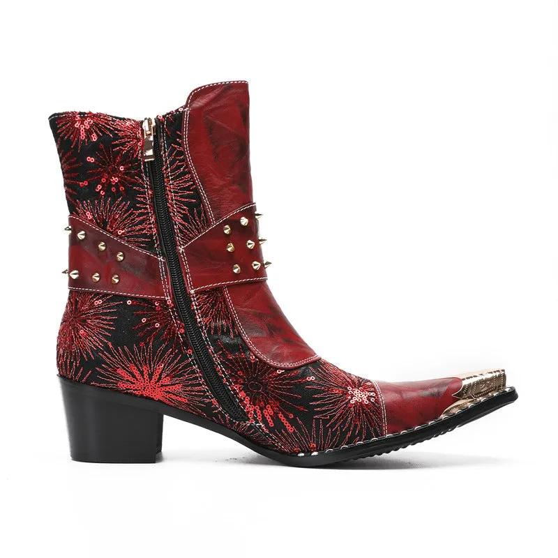 2023 New Rivet Cowboy Boots Pointed Toe Thick Heels Metal Rivets Embroidered Brand Martin Boots Chelsea Boots Trendy Boots