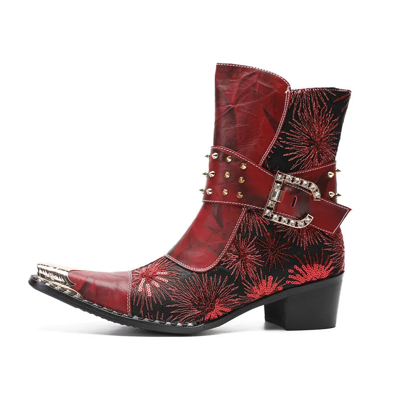 2023 New Rivet Cowboy Boots Pointed Toe Thick Heels Metal Rivets Embroidered Brand Martin Boots Chelsea Boots Trendy Boots