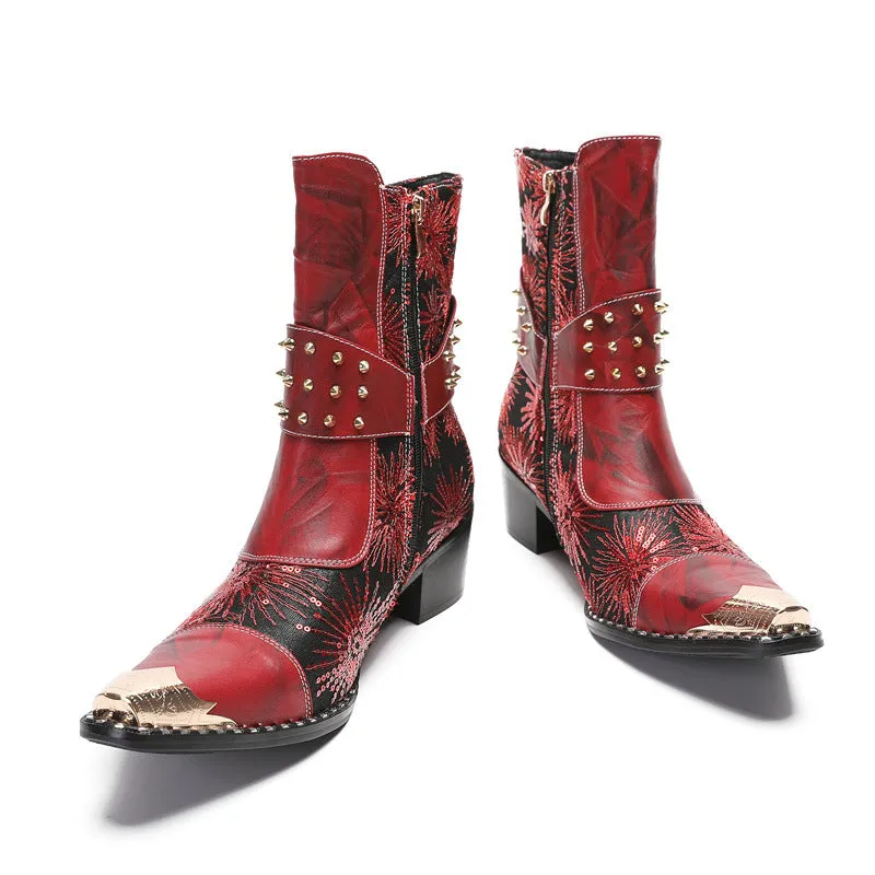 2023 New Rivet Cowboy Boots Pointed Toe Thick Heels Metal Rivets Embroidered Brand Martin Boots Chelsea Boots Trendy Boots
