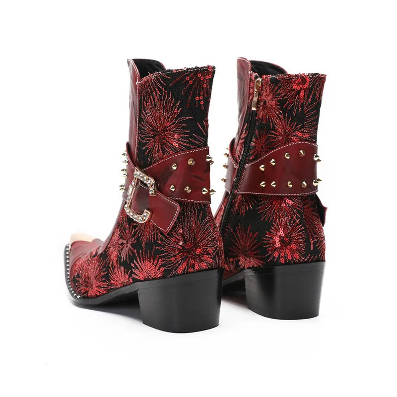 2023 New Rivet Cowboy Boots Pointed Toe Thick Heels Metal Rivets Embroidered Brand Martin Boots Chelsea Boots Trendy Boots