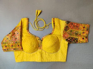 50w227-RO  Yellow Blouse With Embroidered sleeves