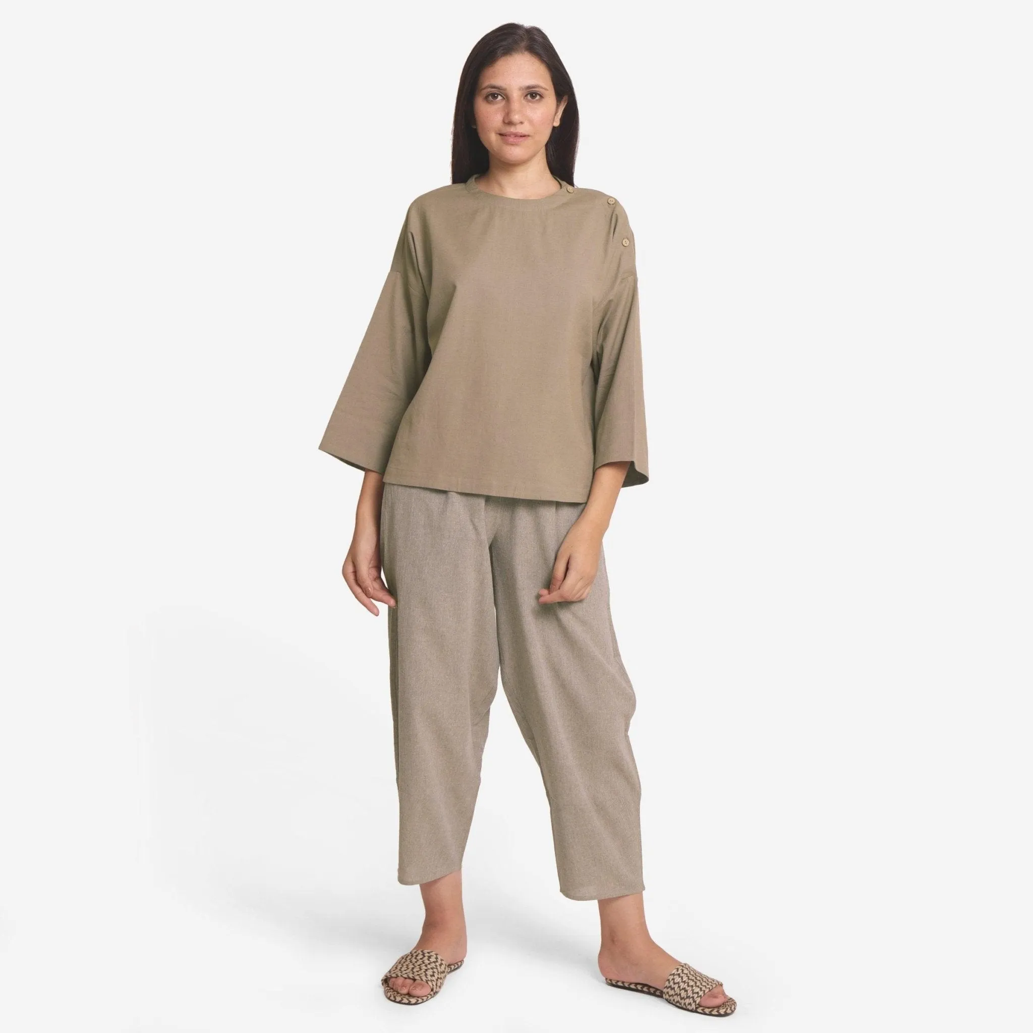 Beige Cotton Flax Round Neck Loose Fit A-Line Top
