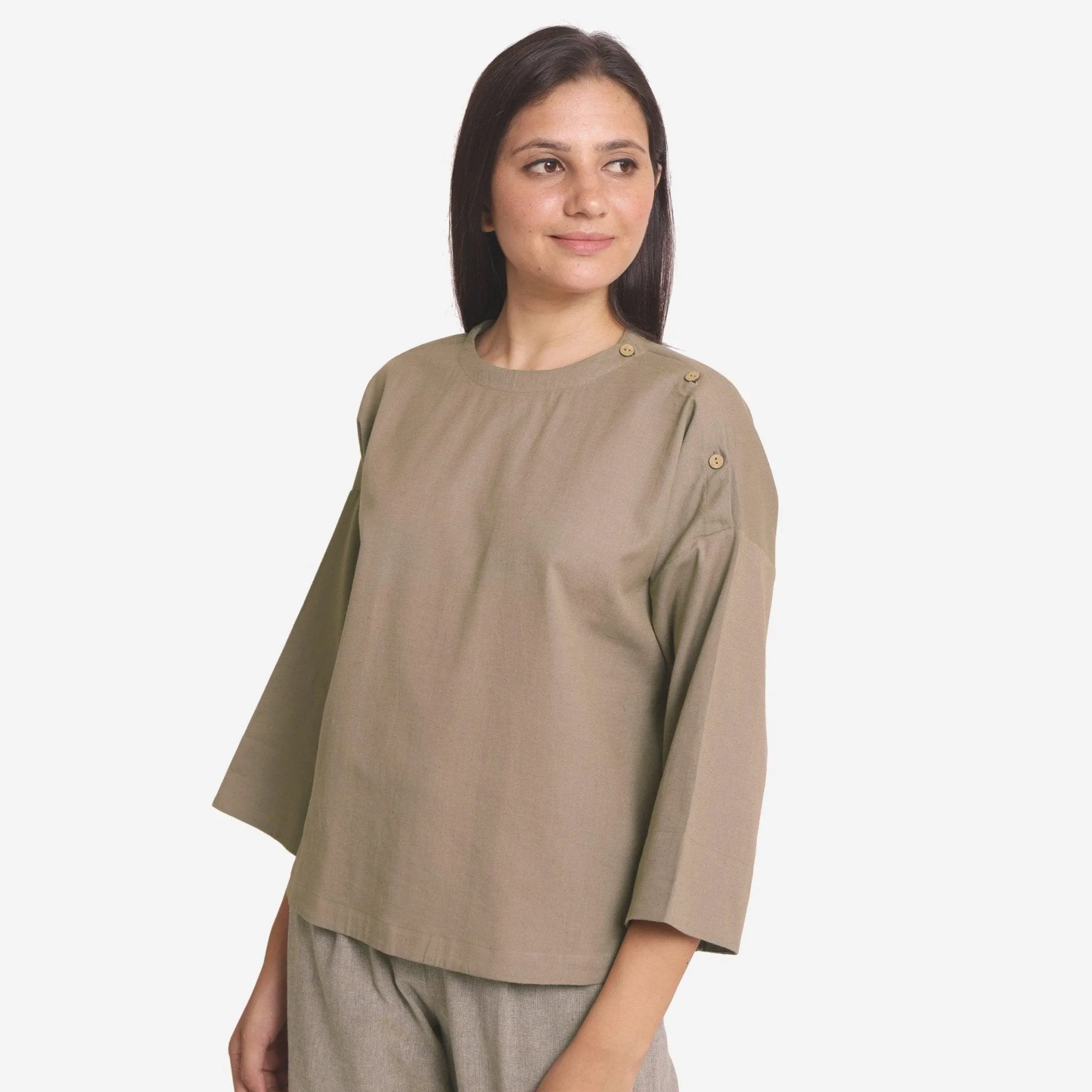 Beige Cotton Flax Round Neck Loose Fit A-Line Top
