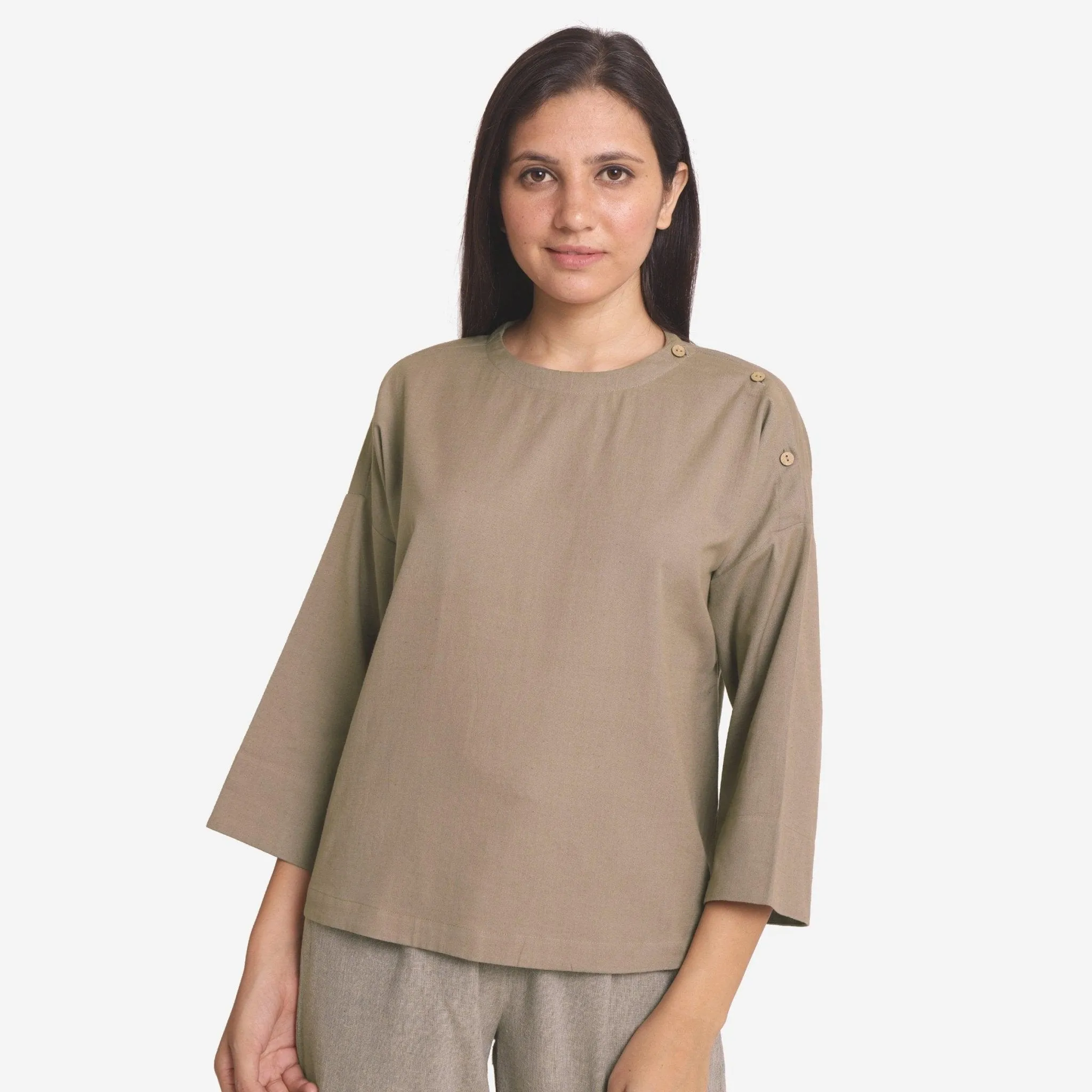 Beige Cotton Flax Round Neck Loose Fit A-Line Top
