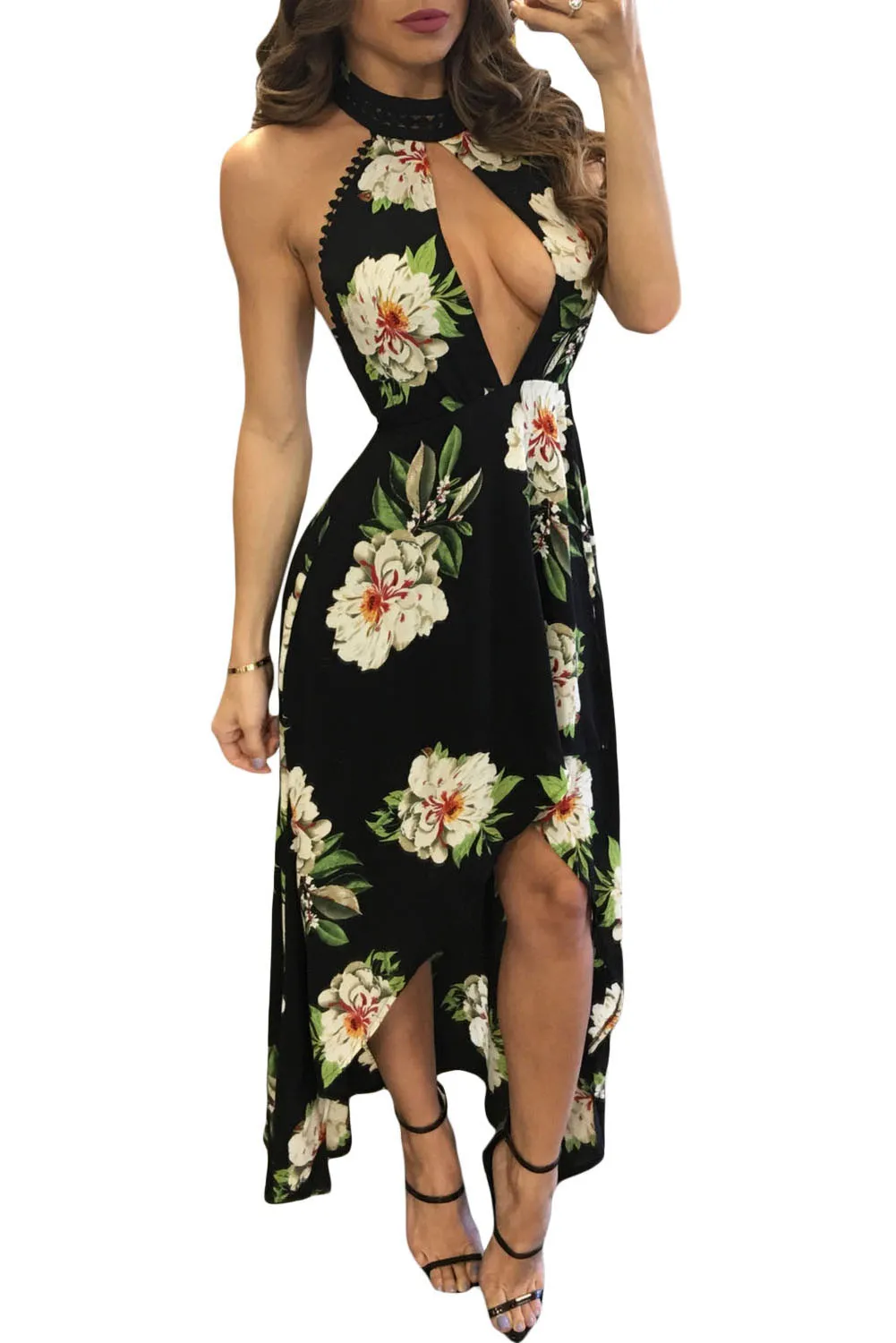 Black Floral Print High-low Halter Maxi Boho Dress