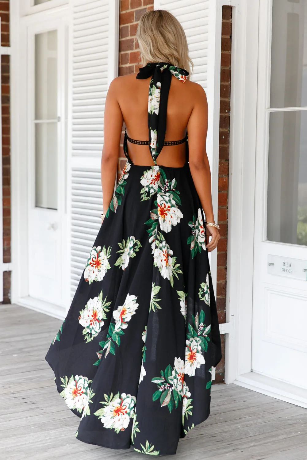 Black Floral Print High-low Halter Maxi Boho Dress