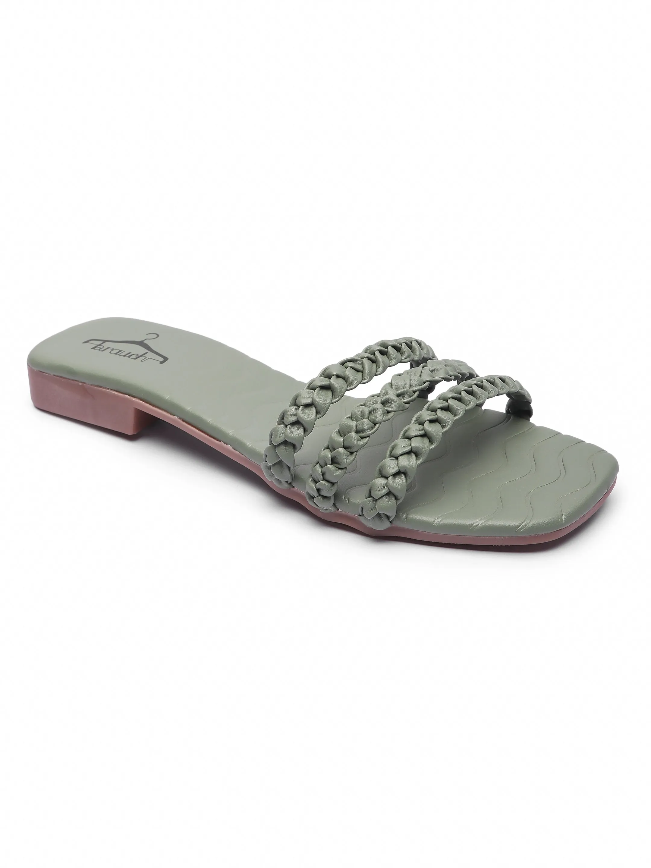 Brauch Olive Braided Multistrap Patterned Flats