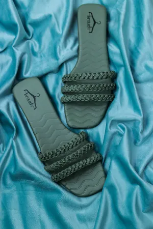 Brauch Olive Braided Multistrap Patterned Flats