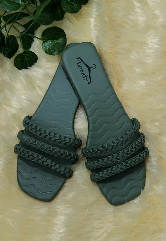 Brauch Olive Braided Multistrap Patterned Flats