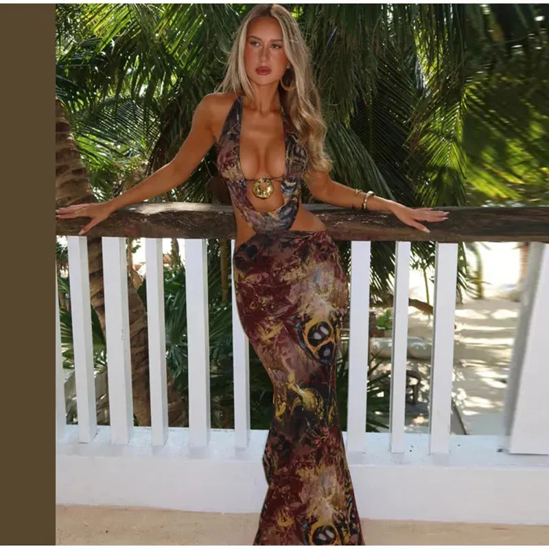 Chic Women's Printed Hollow Out Waist Long Dress - Bohemian Fashion Sleeveless Halter Maxi Dress for Summer Beach Vacations 2025