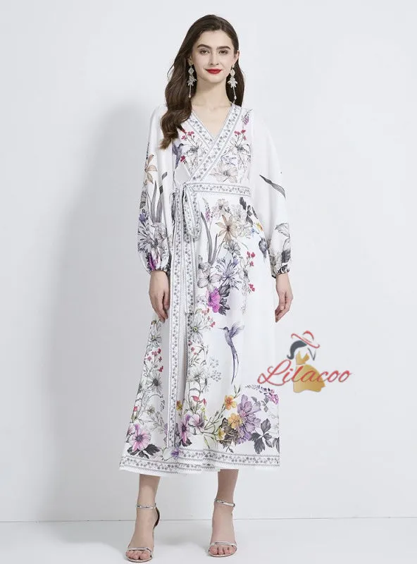 Cross-neck Floral Print Lace-up Ruffled Dress