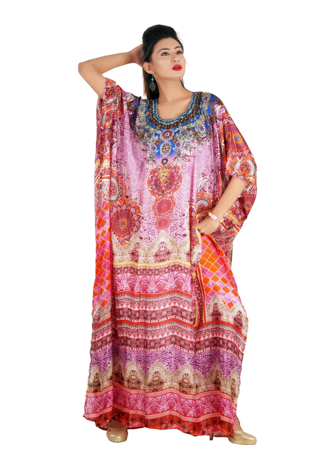 Graceful Silk Kaftan Maxi Dress with Stunning Beaded Neckline luxe beach kaftan