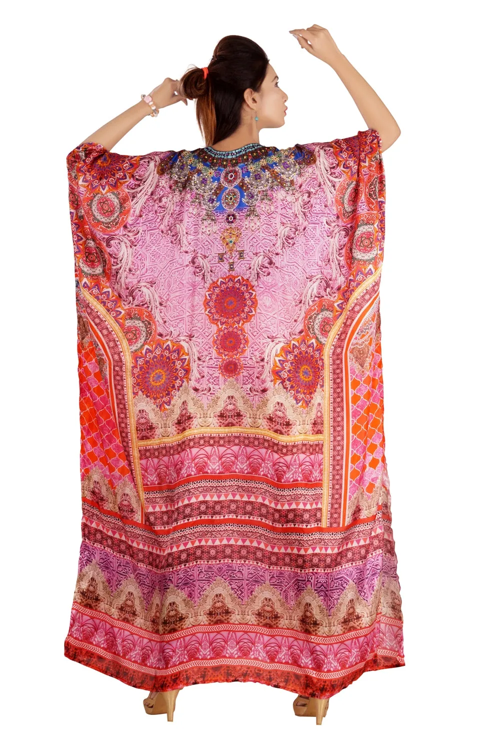 Graceful Silk Kaftan Maxi Dress with Stunning Beaded Neckline luxe beach kaftan