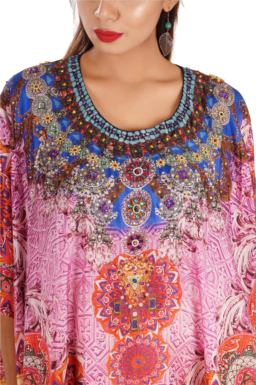 Graceful Silk Kaftan Maxi Dress with Stunning Beaded Neckline luxe beach kaftan