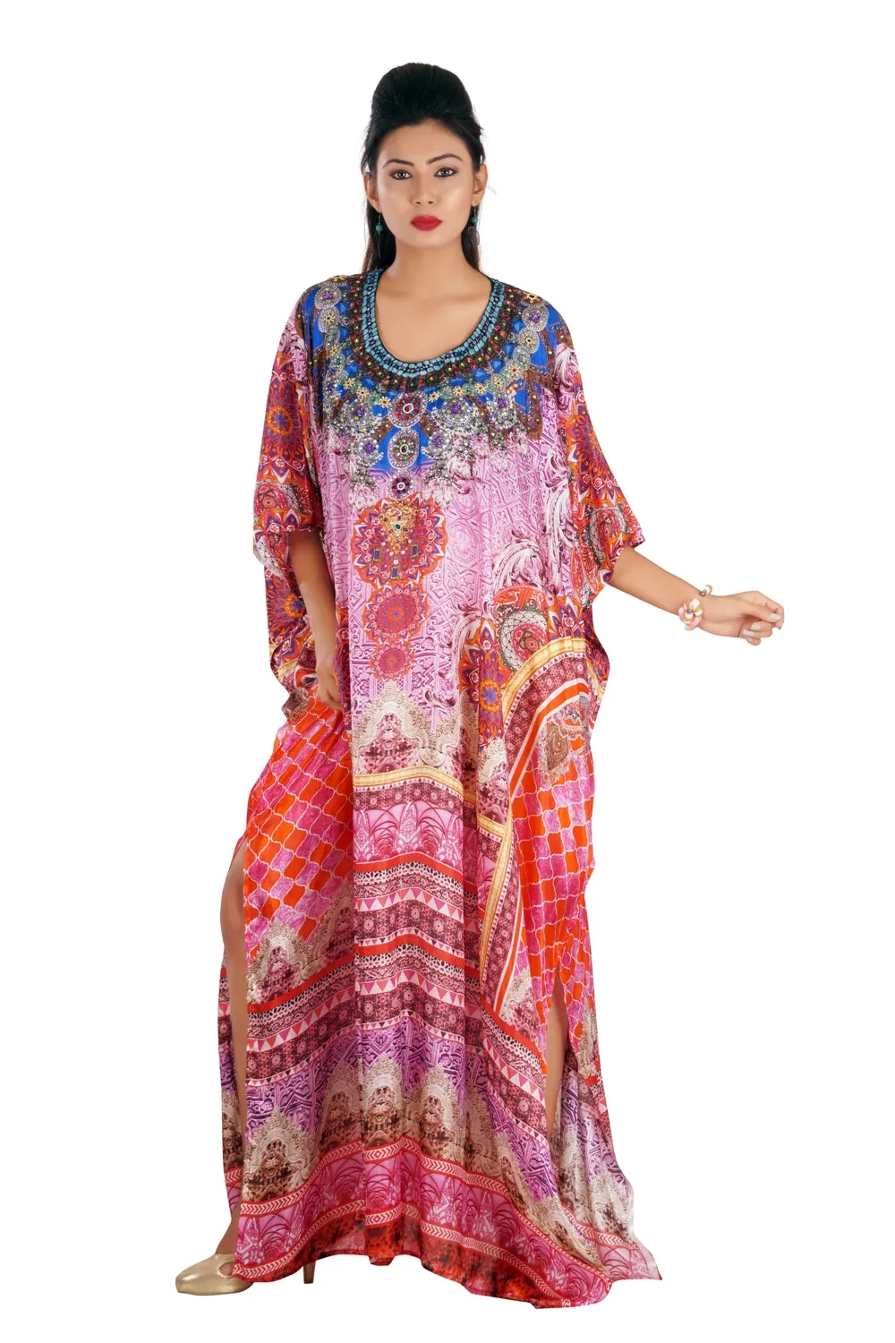 Graceful Silk Kaftan Maxi Dress with Stunning Beaded Neckline luxe beach kaftan