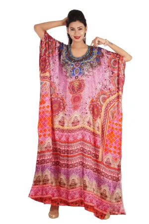 Graceful Silk Kaftan Maxi Dress with Stunning Beaded Neckline luxe beach kaftan