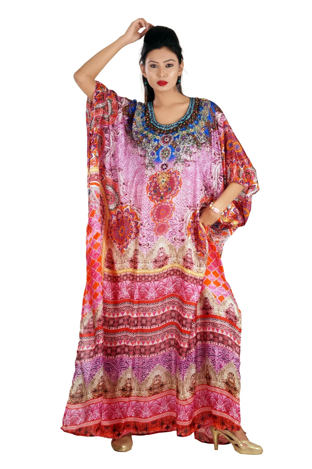 Graceful Silk Kaftan Maxi Dress with Stunning Beaded Neckline luxe beach kaftan