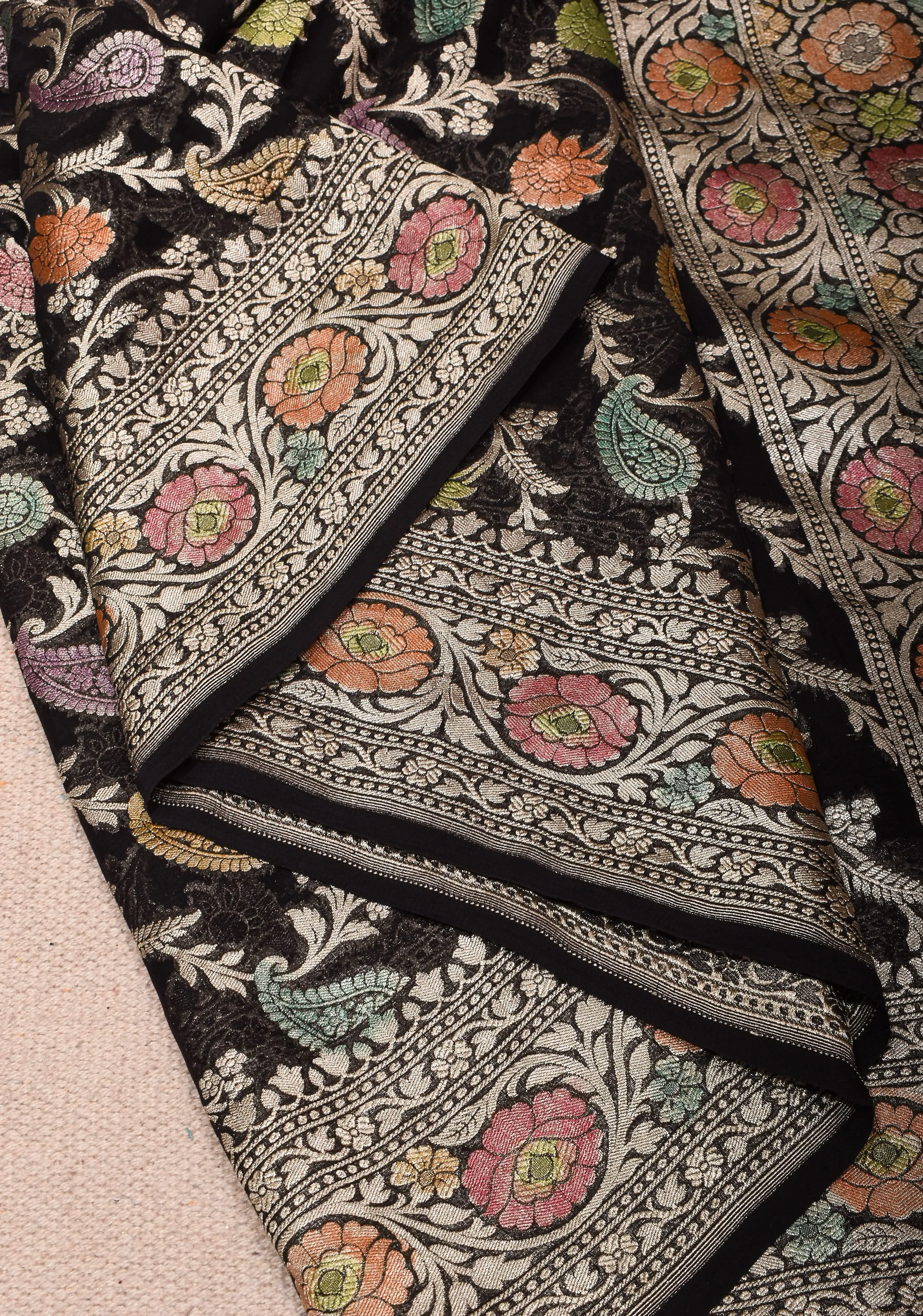 Hand Brush Dye Floral Jaal Pure Banarasi Silk Georgette Saree in Black with Zari Border | SILK MARK CERTIFIED