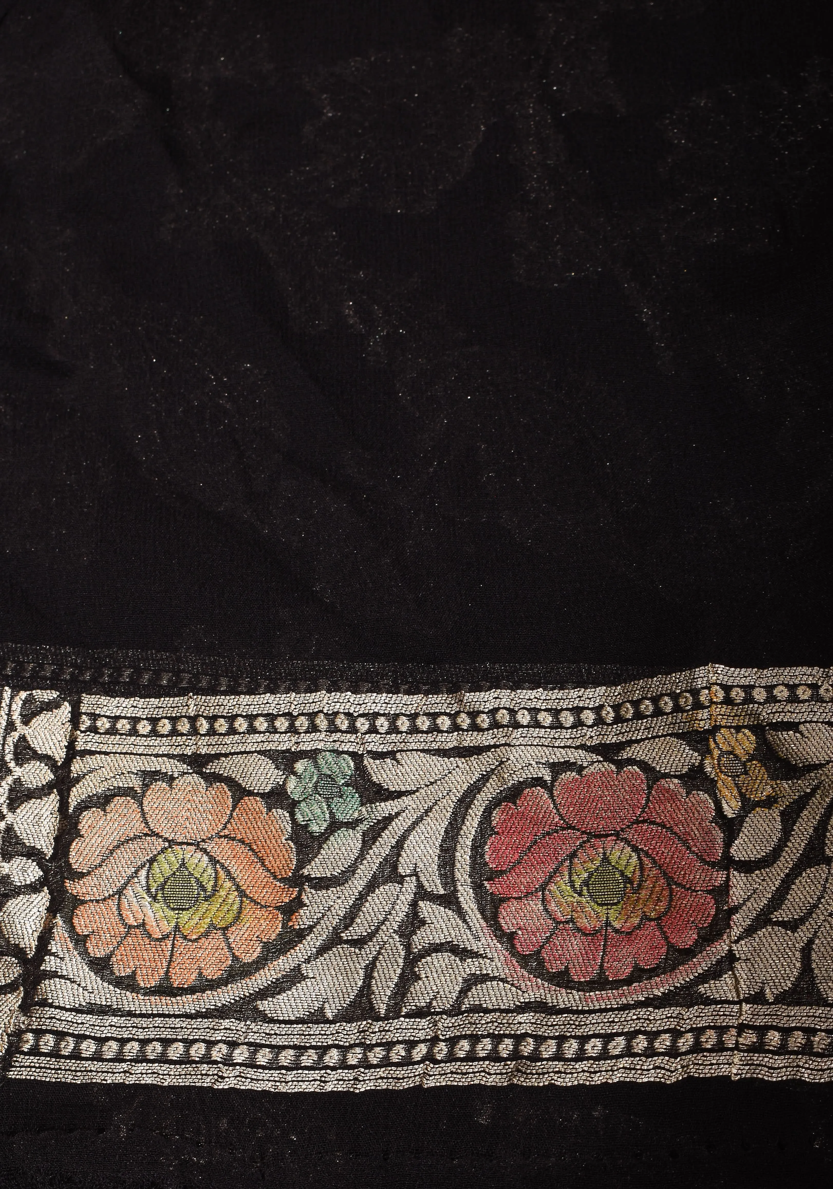 Hand Brush Dye Floral Jaal Pure Banarasi Silk Georgette Saree in Black with Zari Border | SILK MARK CERTIFIED