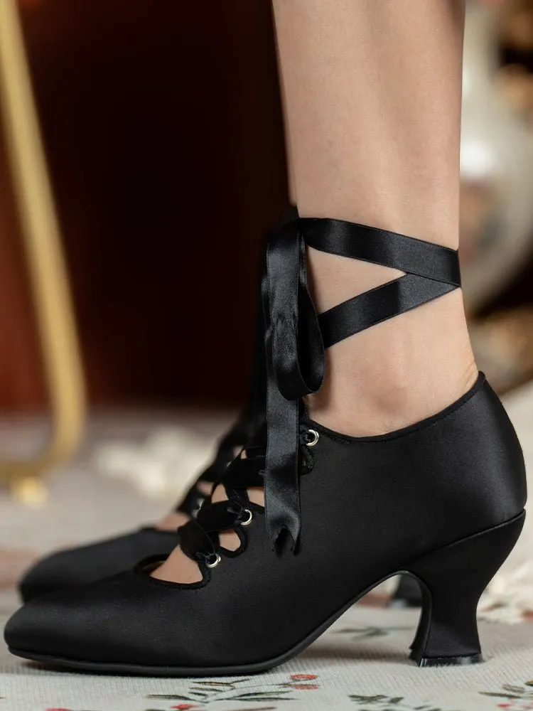 Handmade Vintage Inspired Lace-Up Satin Heels - Regency Era Shoes