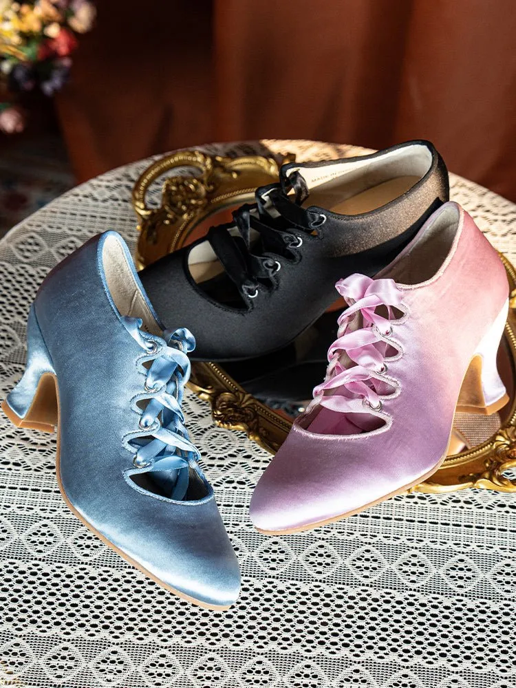 Handmade Vintage Inspired Lace-Up Satin Heels - Regency Era Shoes