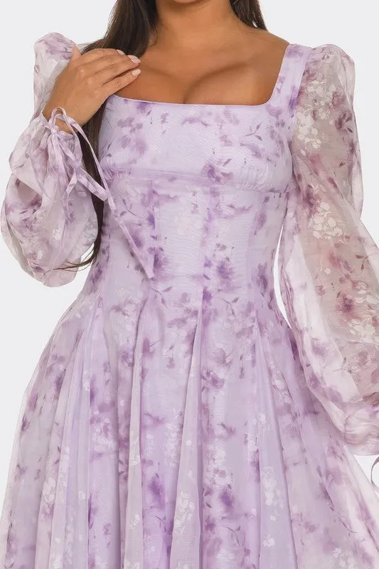 Lavender Blossom Puff Sleeve Maxi Dress