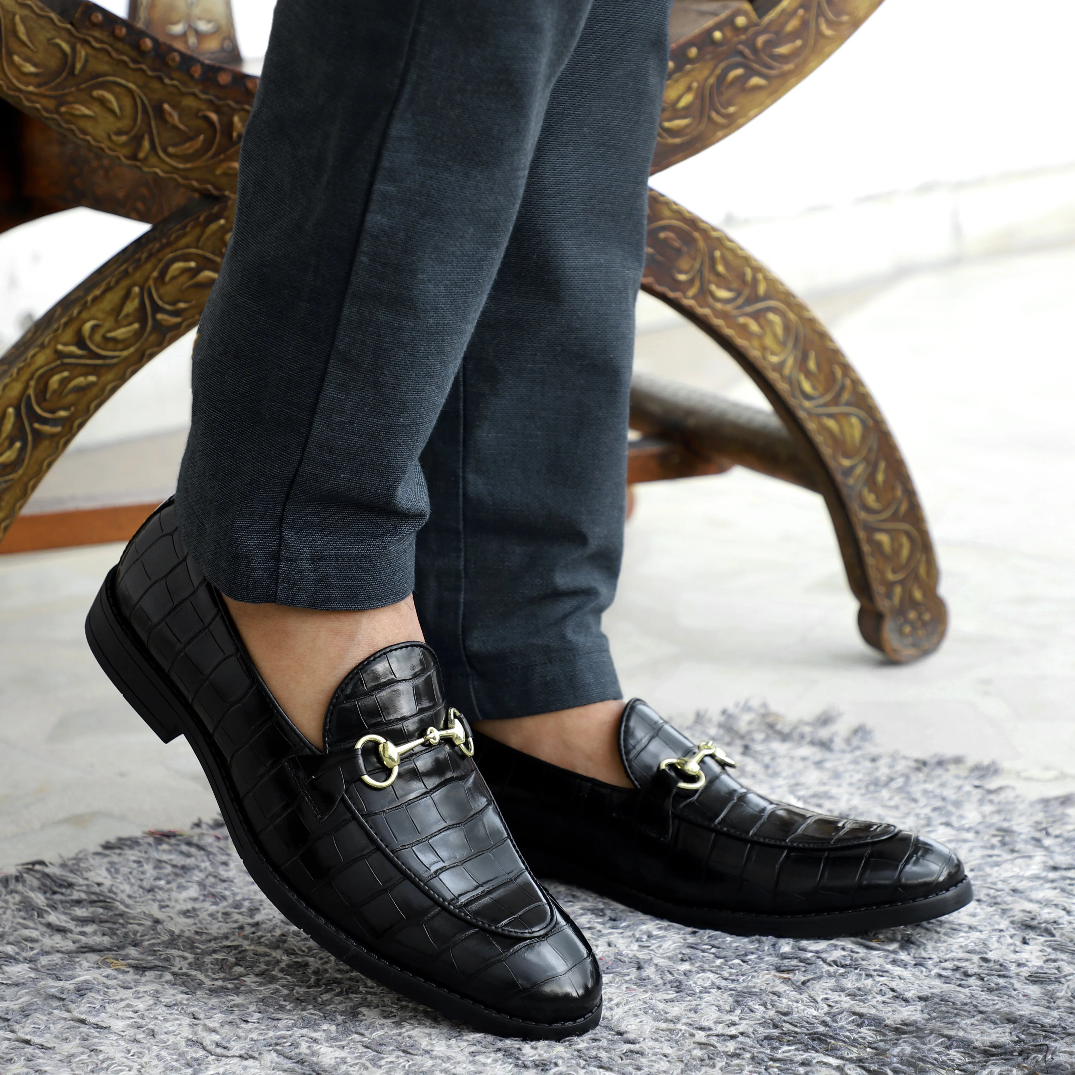 NICHE Black Croc Horsebit Loafers