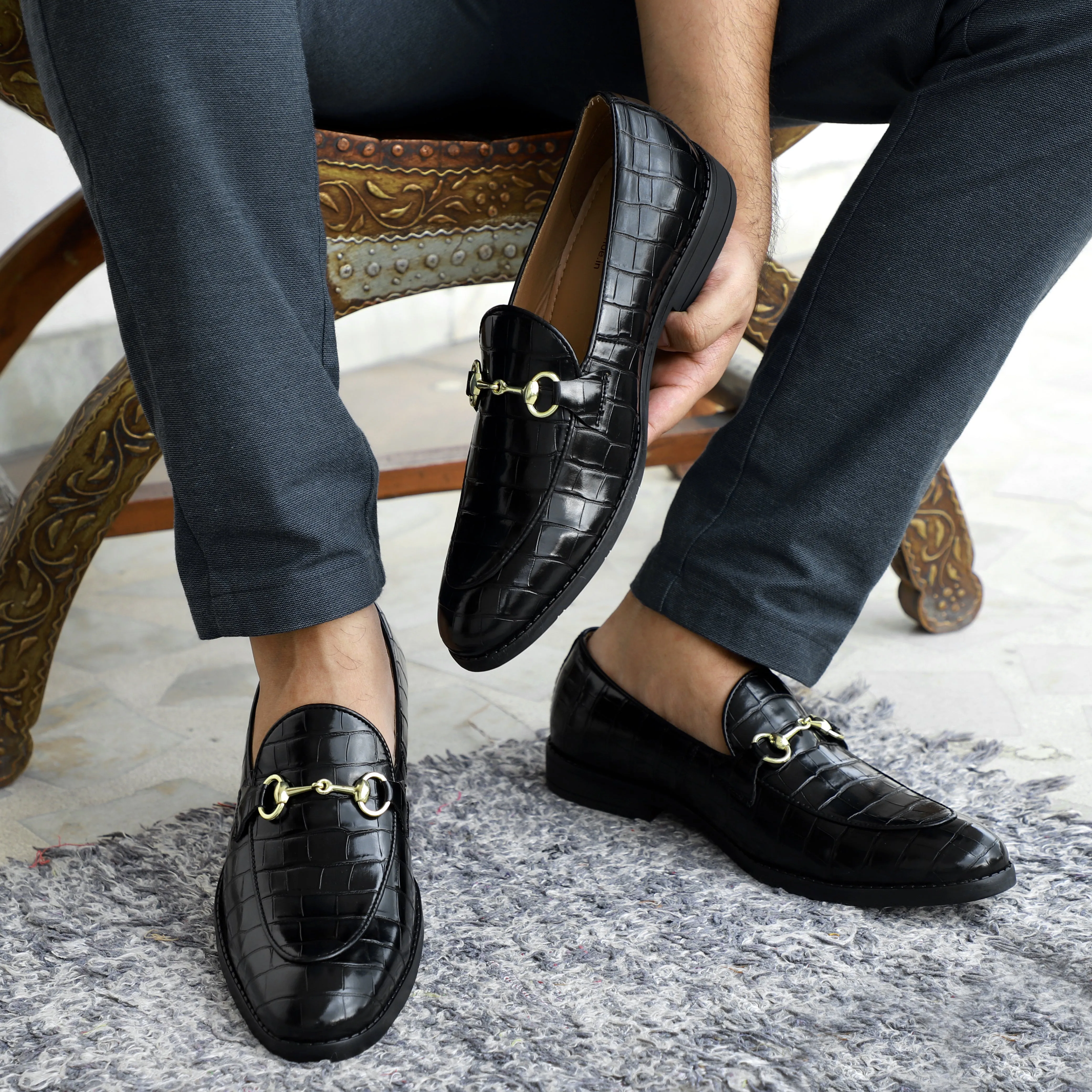 NICHE Black Croc Horsebit Loafers