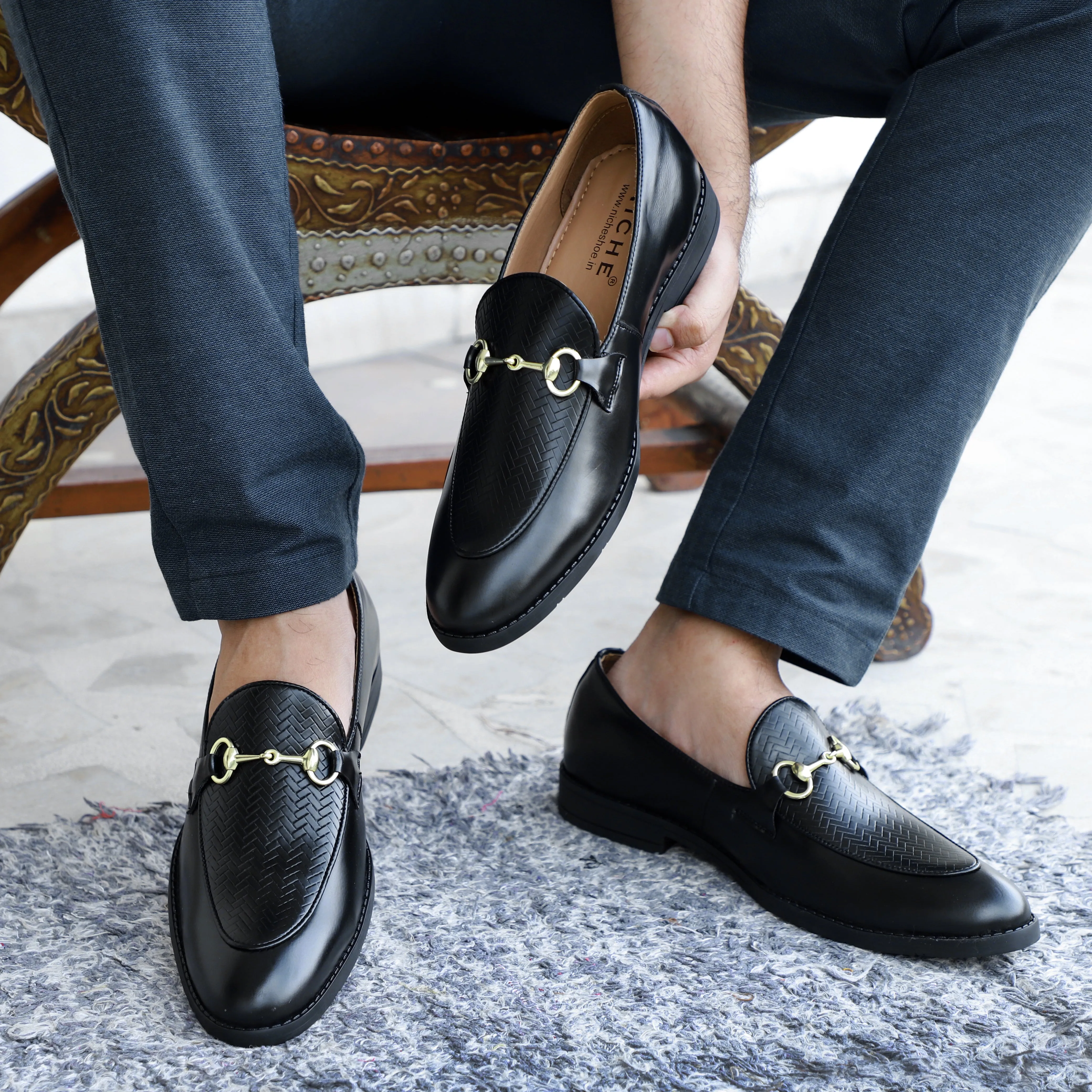 NICHE Black Designer Horsebit Loafers