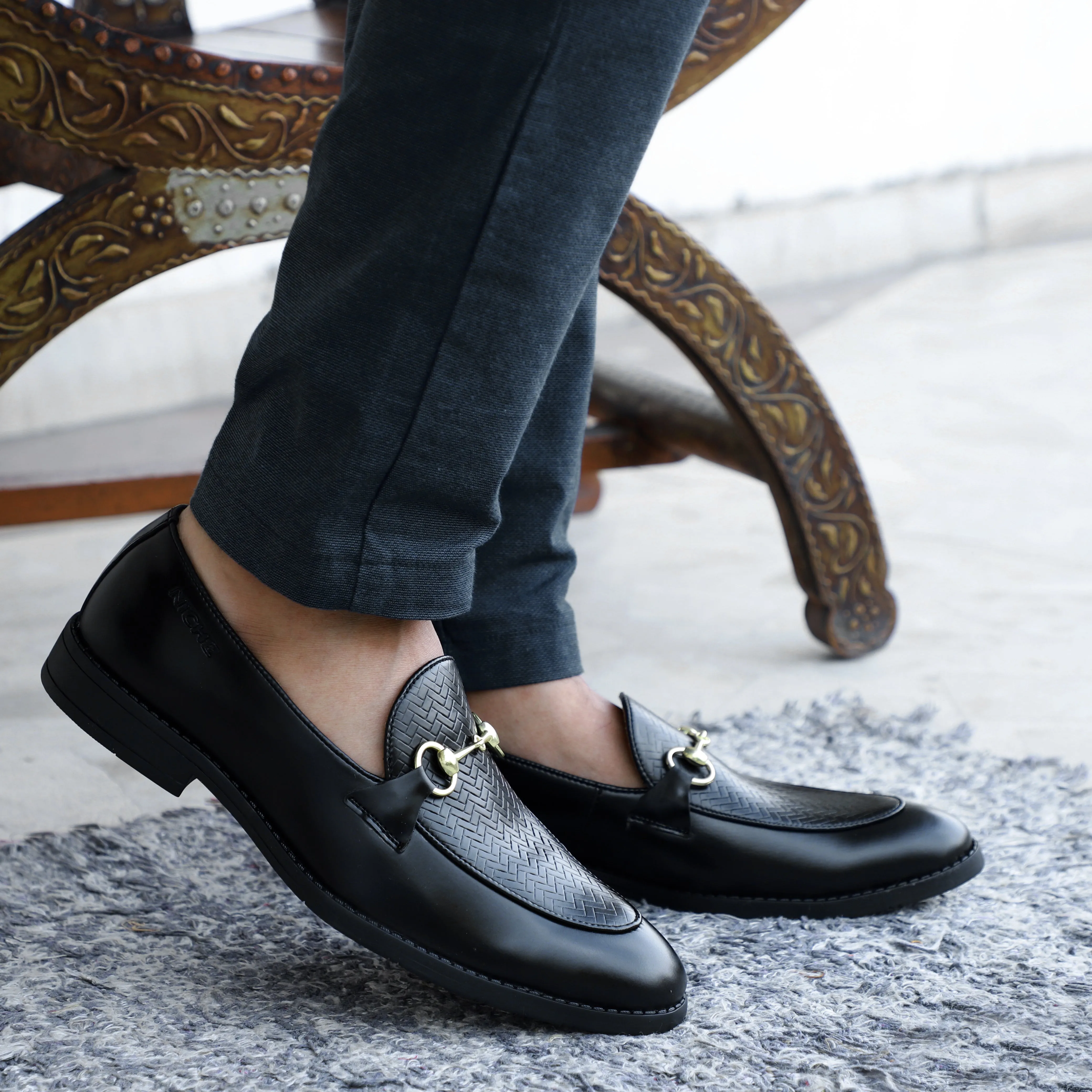 NICHE Black Designer Horsebit Loafers