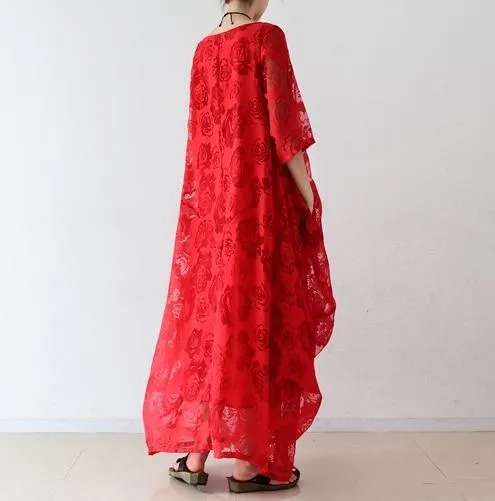 Red Floral Voile Maxi Dress