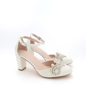 Satin Wedding Block Heel with Small Rhinestones Applique