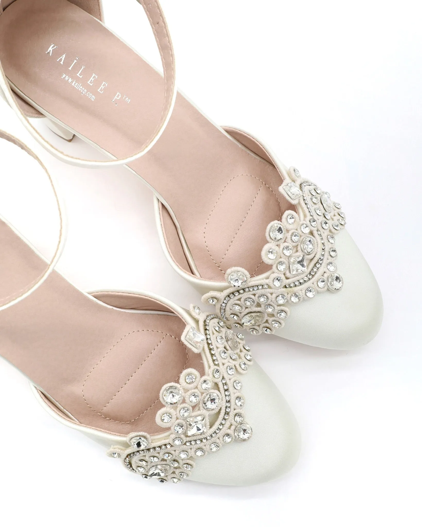 Satin Wedding Block Heel with Small Rhinestones Applique