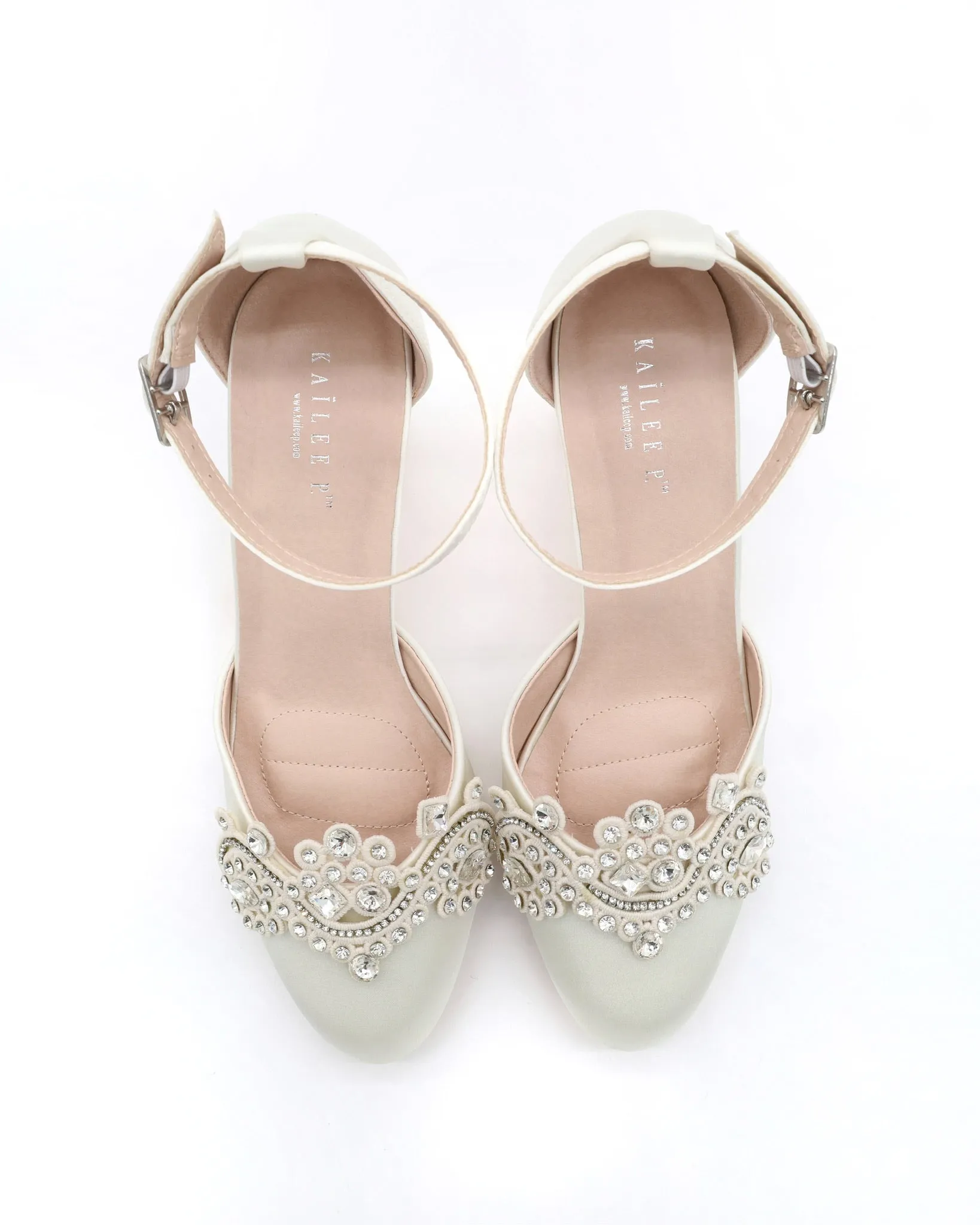 Satin Wedding Block Heel with Small Rhinestones Applique