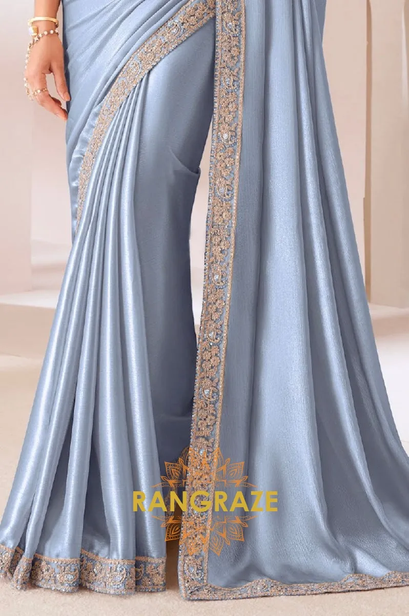 Serene Sky Satin Chiffon Saree with Embroidered Silk Blouse