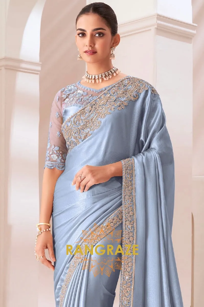 Serene Sky Satin Chiffon Saree with Embroidered Silk Blouse