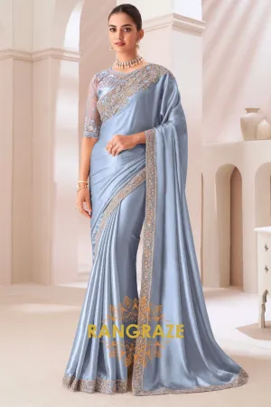 Serene Sky Satin Chiffon Saree with Embroidered Silk Blouse