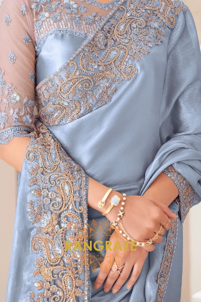 Serene Sky Satin Chiffon Saree with Embroidered Silk Blouse