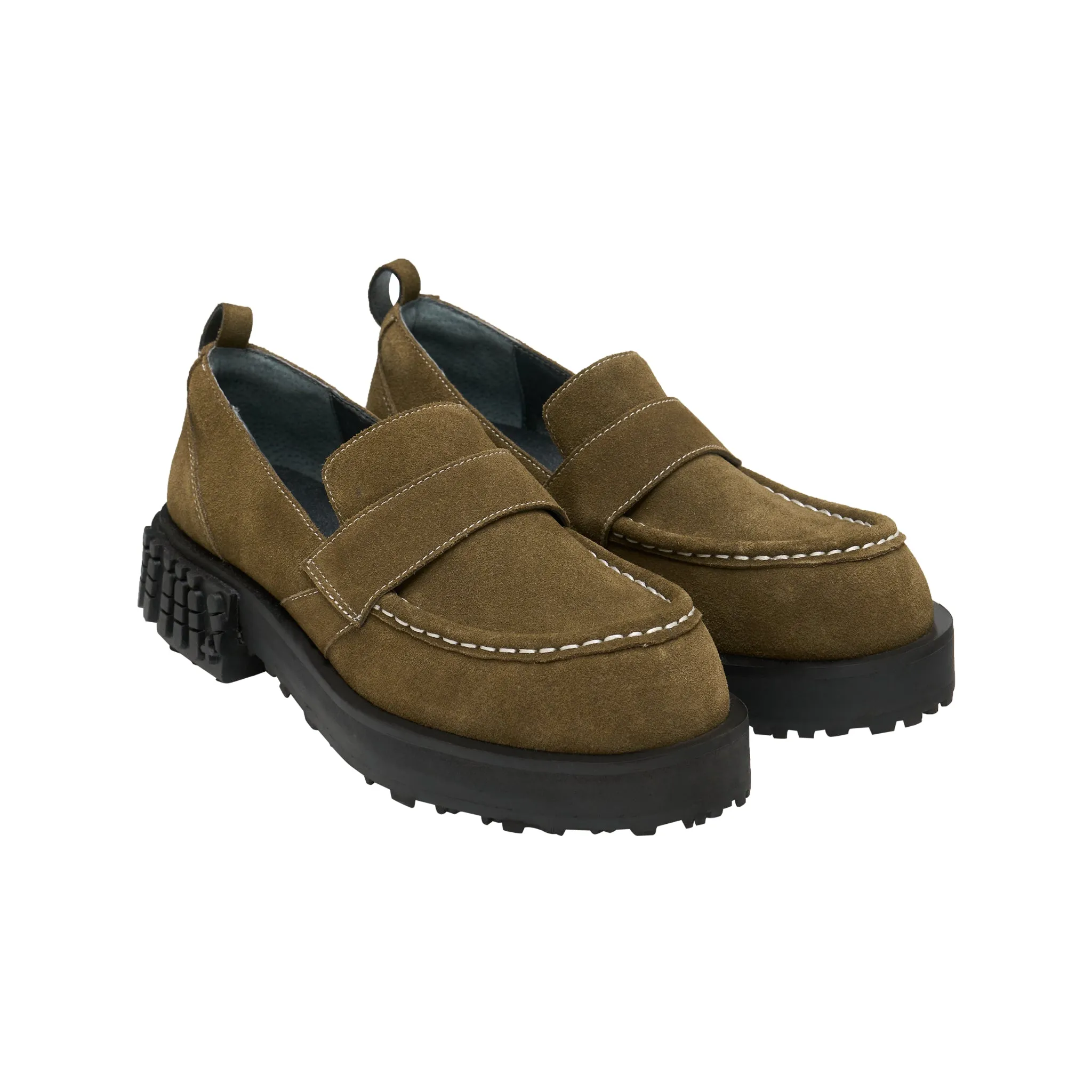 Star Bottom Stitching Round Head Loafers In Army Green