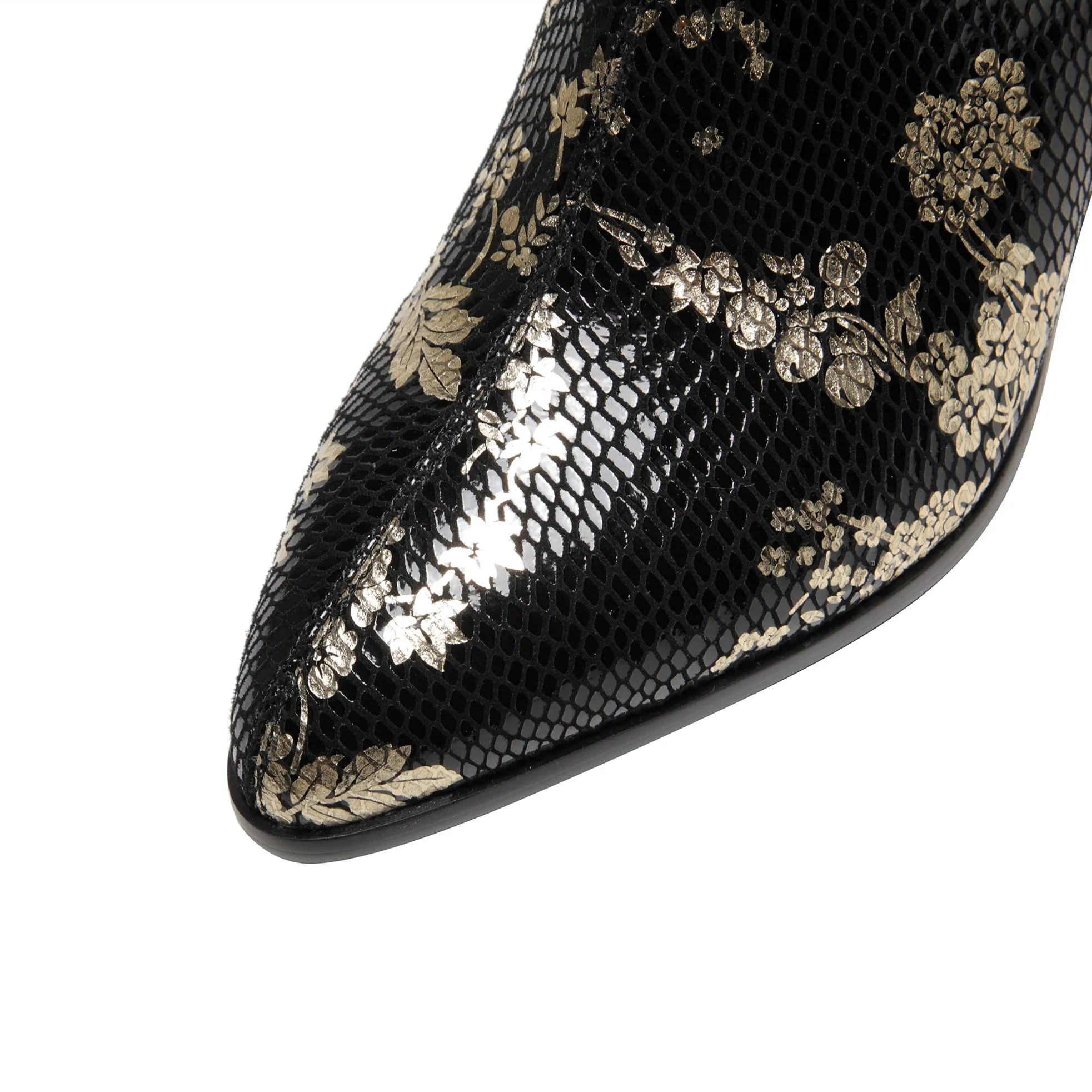 TinaCus Women's Rhinestone Buckle Pointed Toe Genuine Leather Handmade Mid Heel Side Zip Floral Ankle Boots