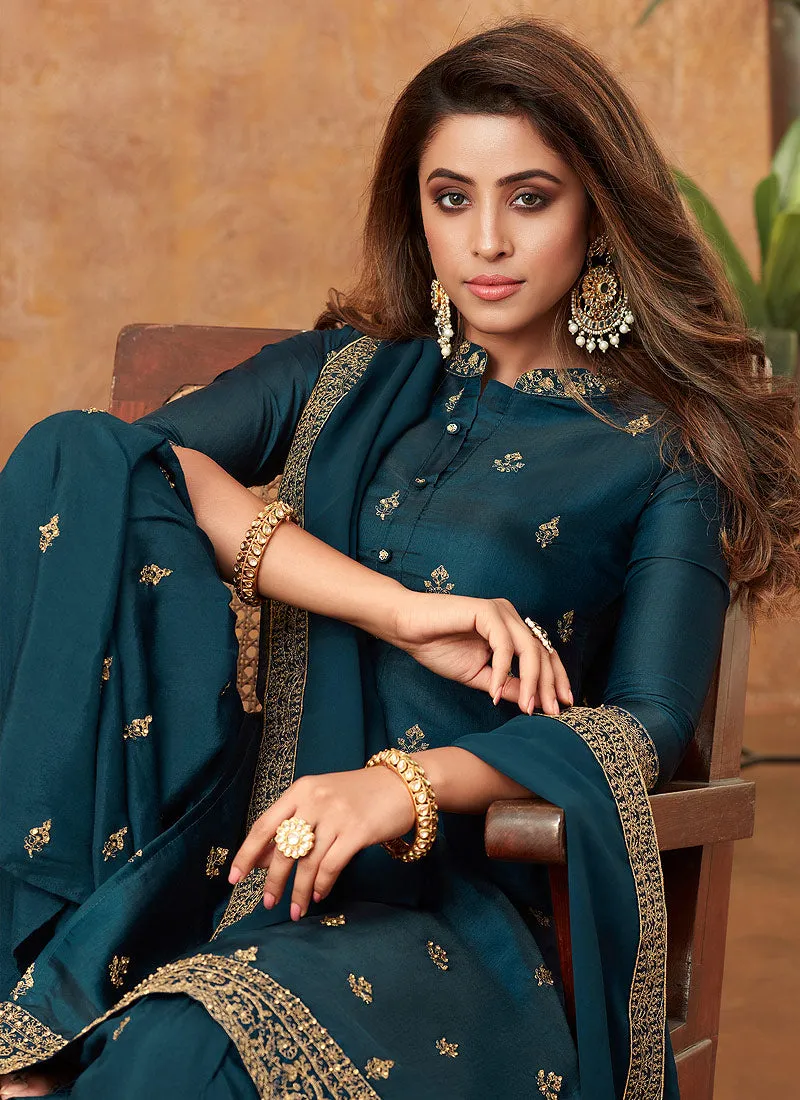 Turquoise Resham Work Detailed Traditional Sharara Suit