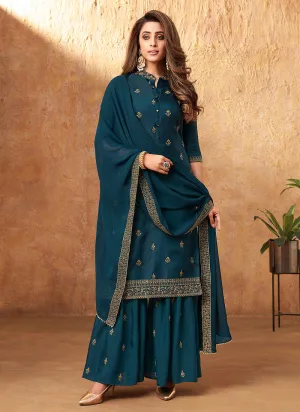 Turquoise Resham Work Detailed Traditional Sharara Suit