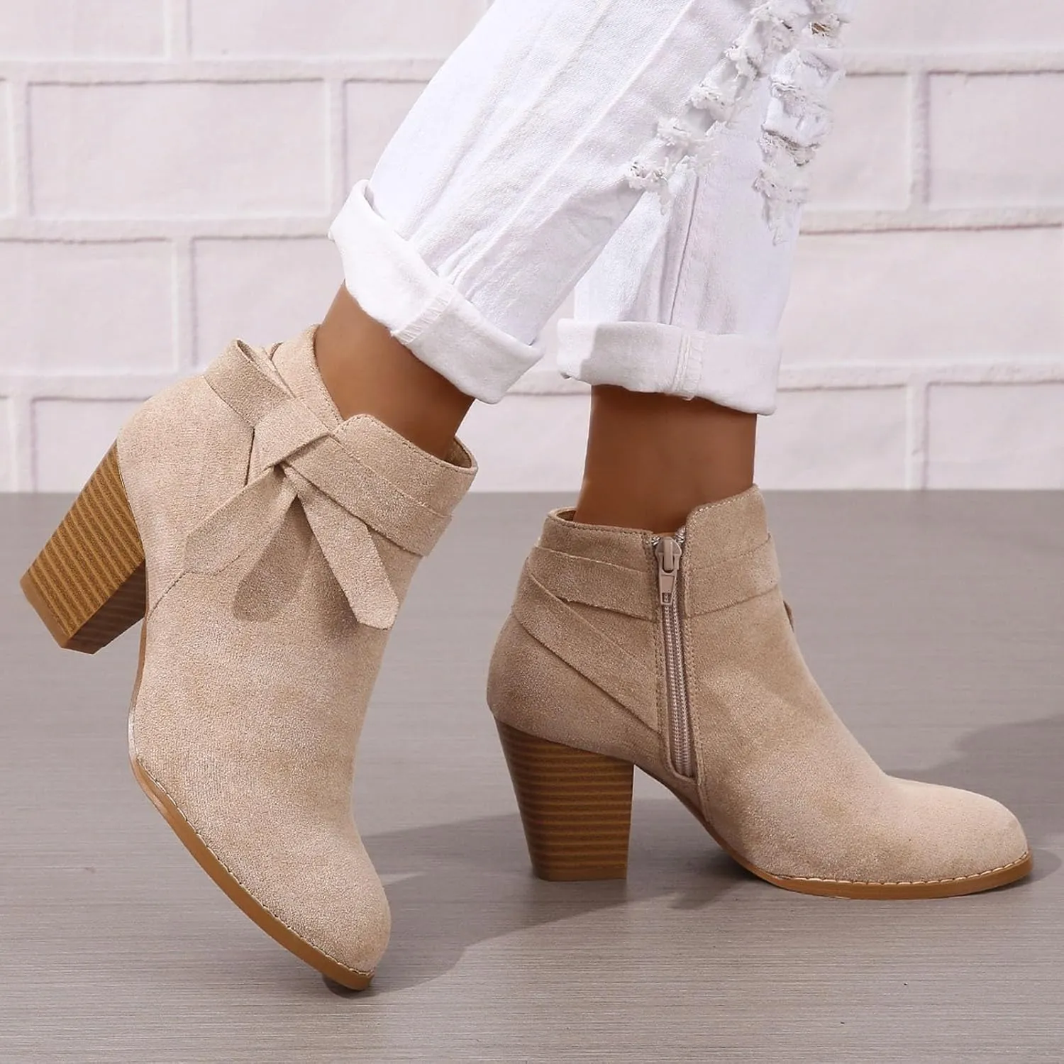 White Cowgirl Boots Woman Side Zipper Ankle Boots Suede Pointy Toe Block Chunky Short Heels Girls Ladies Fall Winter
