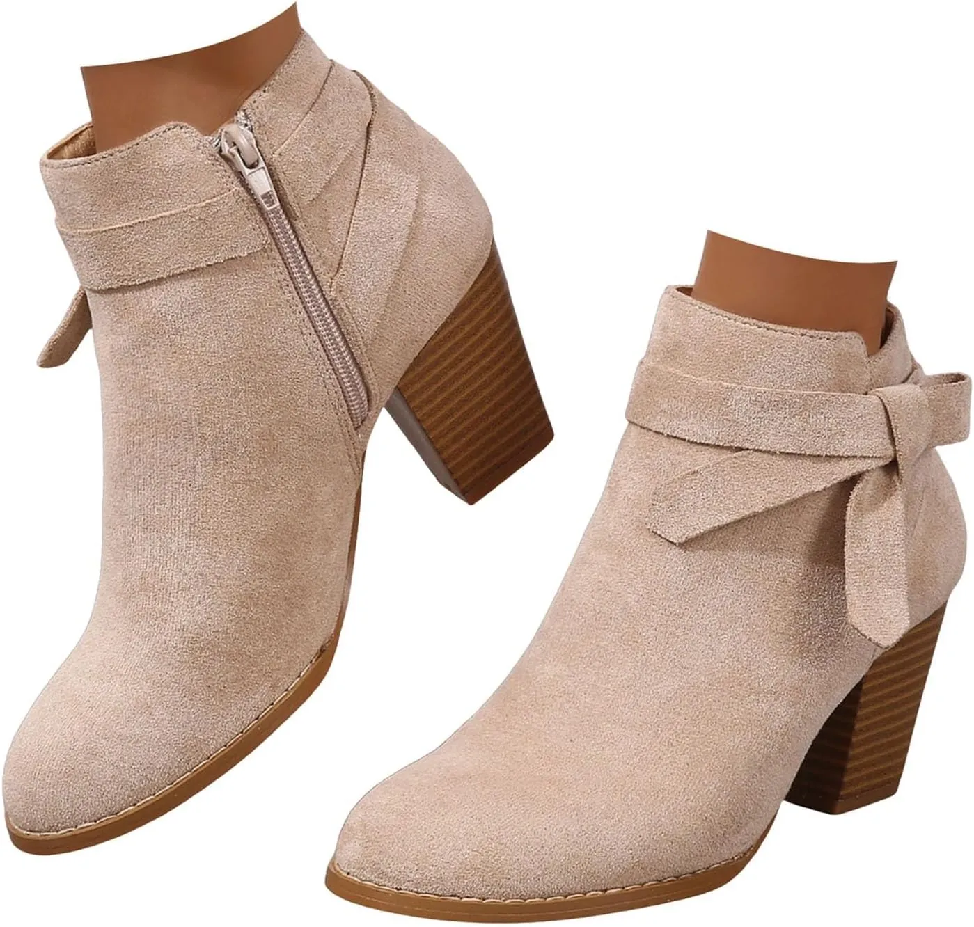 White Cowgirl Boots Woman Side Zipper Ankle Boots Suede Pointy Toe Block Chunky Short Heels Girls Ladies Fall Winter