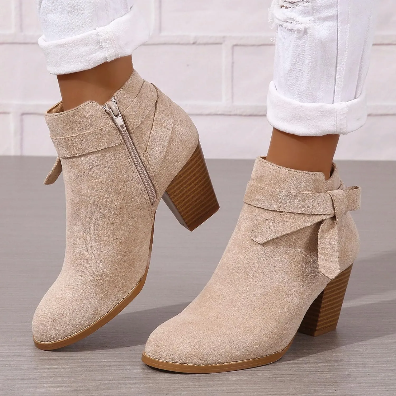 White Cowgirl Boots Woman Side Zipper Ankle Boots Suede Pointy Toe Block Chunky Short Heels Girls Ladies Fall Winter