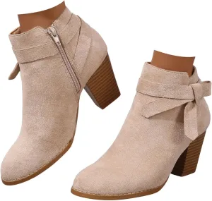 White Cowgirl Boots Woman Side Zipper Ankle Boots Suede Pointy Toe Block Chunky Short Heels Girls Ladies Fall Winter