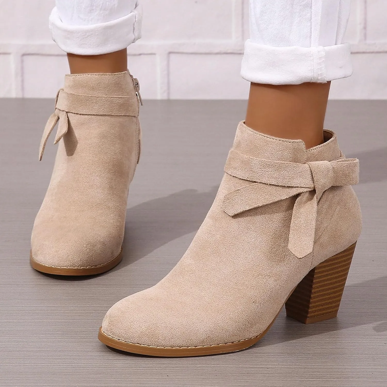 White Cowgirl Boots Woman Side Zipper Ankle Boots Suede Pointy Toe Block Chunky Short Heels Girls Ladies Fall Winter