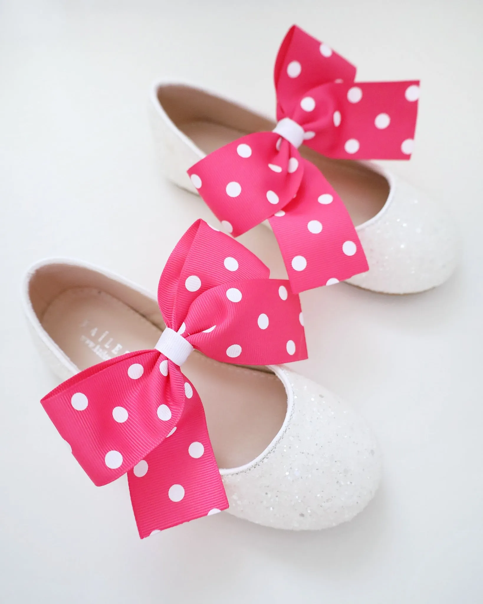 White Rock Glitter Mary Jane Flats with Fuchsia Polka Dot Grosgrain Bow
