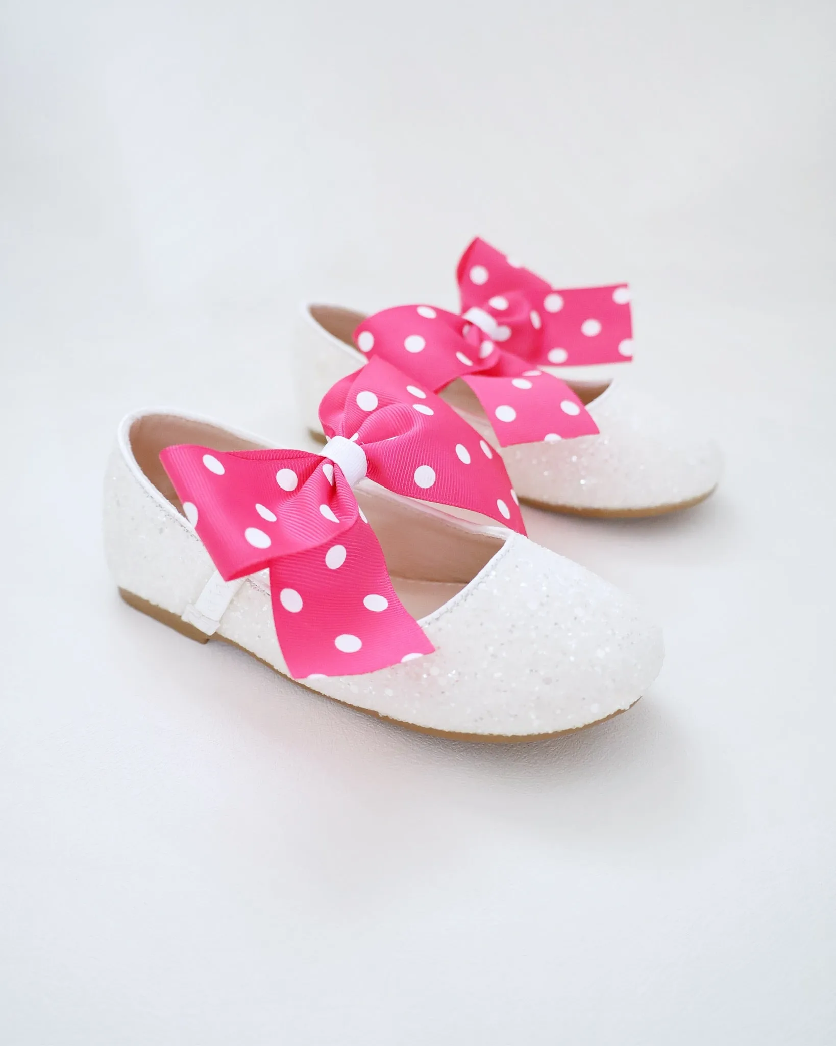 White Rock Glitter Mary Jane Flats with Fuchsia Polka Dot Grosgrain Bow